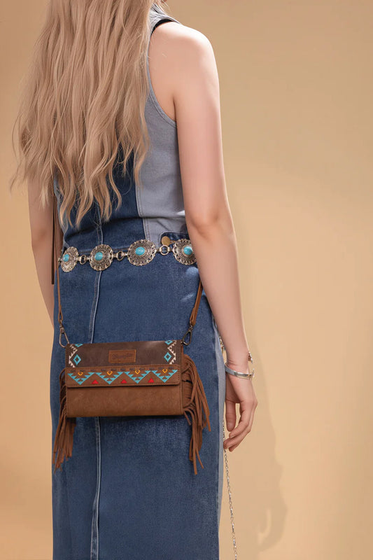 Aztec Embroidered Fringe Wallet Crossbody - BRN