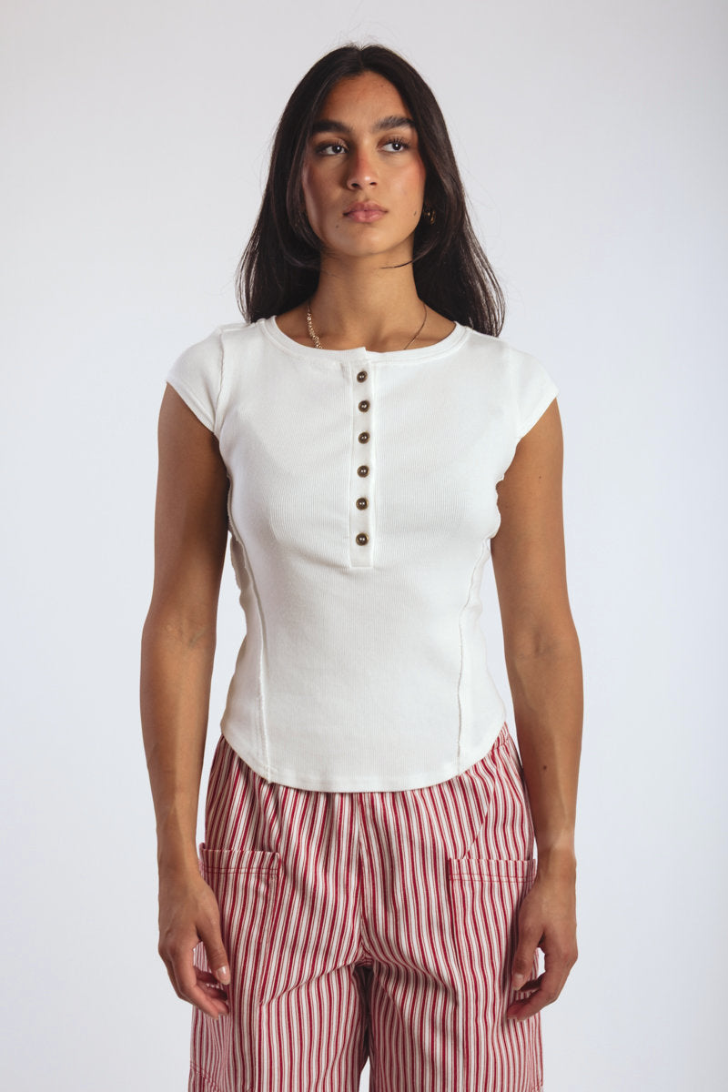 Exposed Seam Henley Tee - White