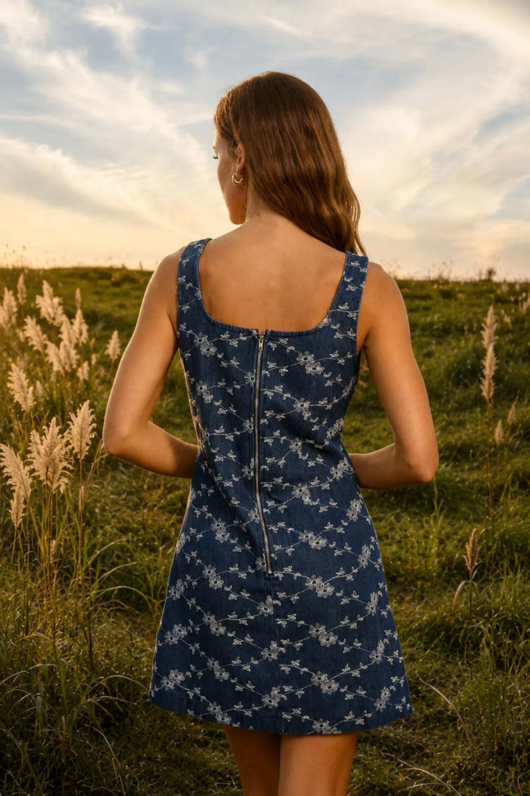 Floral Embroidered Denim Mini Dress - DNM