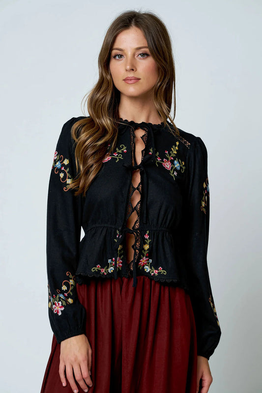 Floral EmbroideryLong Sleeve Blouse - BLK
