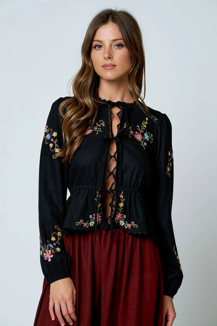 Floral EmbroideryLong Sleeve Blouse - BLK