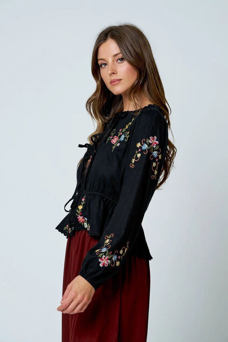 Floral EmbroideryLong Sleeve Blouse - BLK