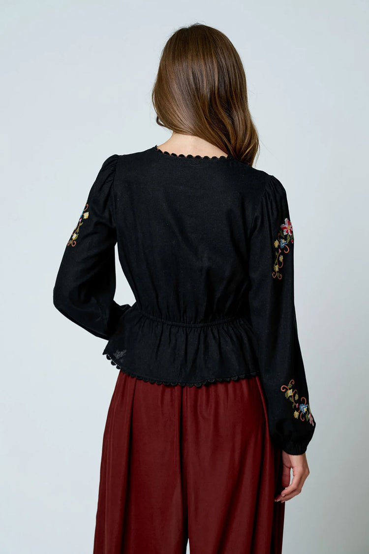 Floral EmbroideryLong Sleeve Blouse - BLK