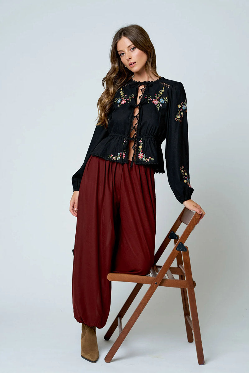Floral EmbroideryLong Sleeve Blouse - BLK