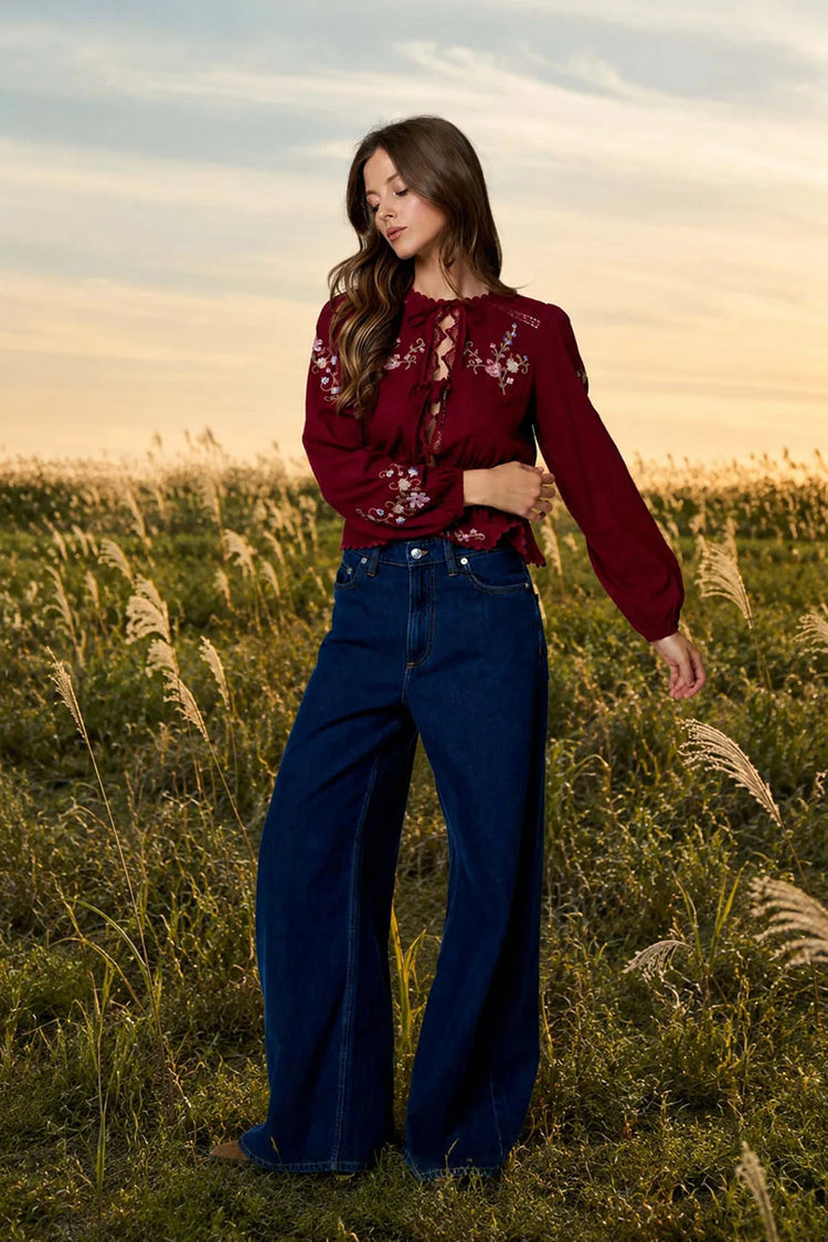 Floral Embroidery Long Sleeve Blouse - BUR