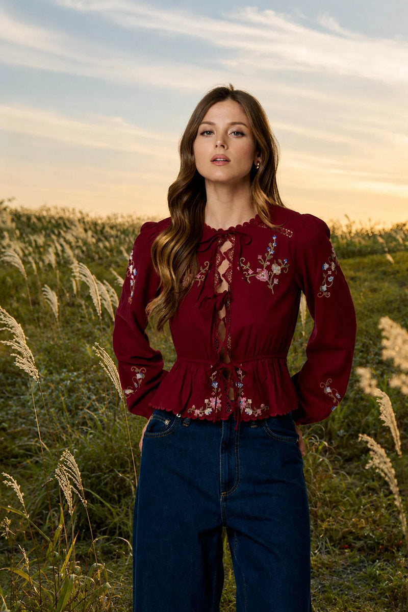 Floral Embroidery Long Sleeve Blouse - BUR