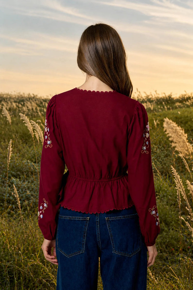 Floral Embroidery Long Sleeve Blouse - BUR