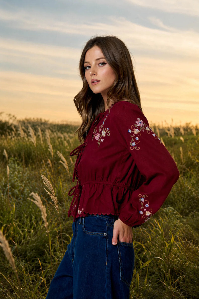 Floral Embroidery Long Sleeve Blouse - BUR