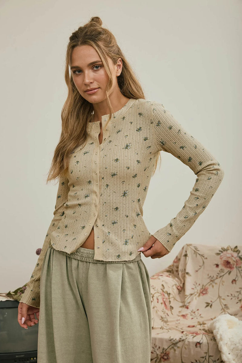 Floral Snap Front Waffle Top - KHA