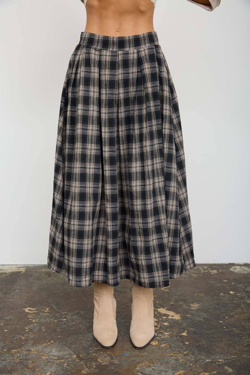 Plaid Pleated Midi Skirt - BLK