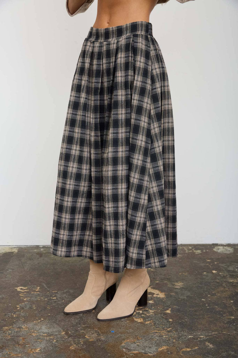 Plaid Pleated Midi Skirt - BLK