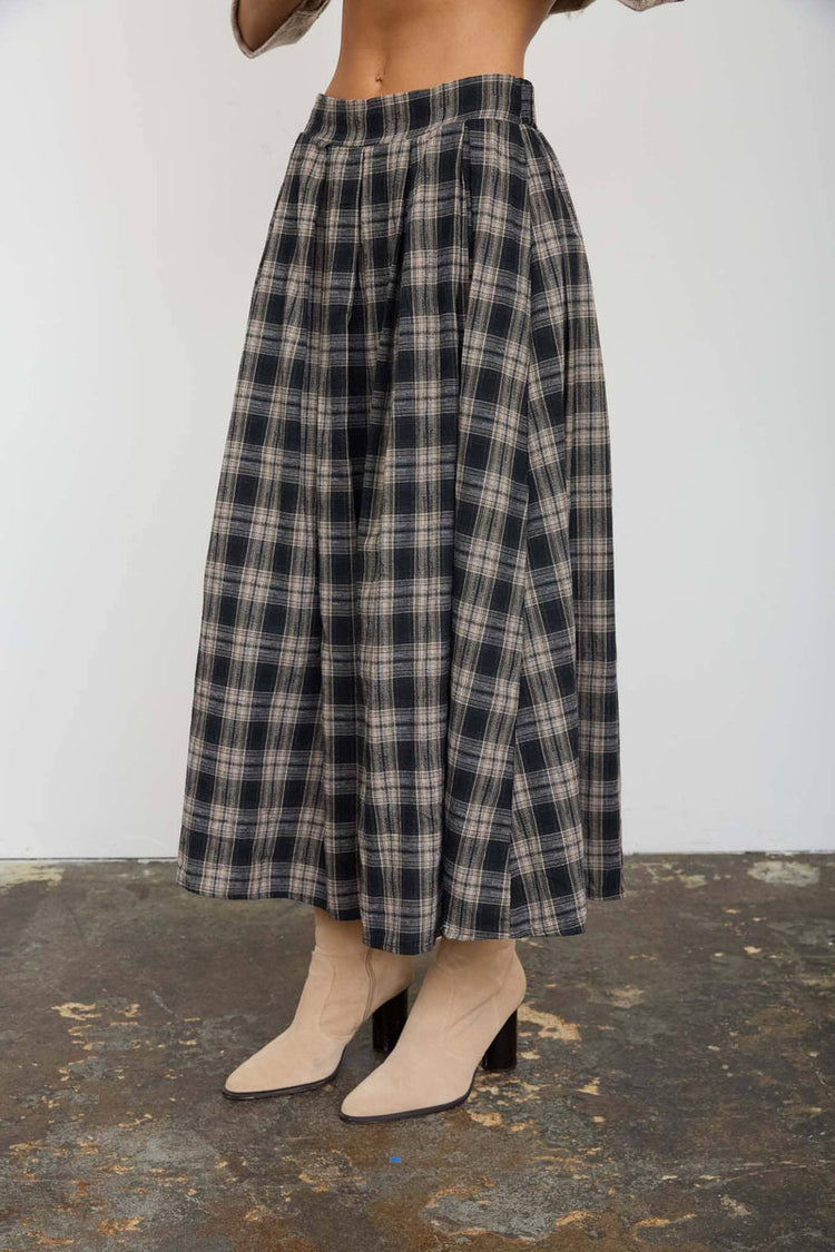 Plaid Pleated Midi Skirt - BLK
