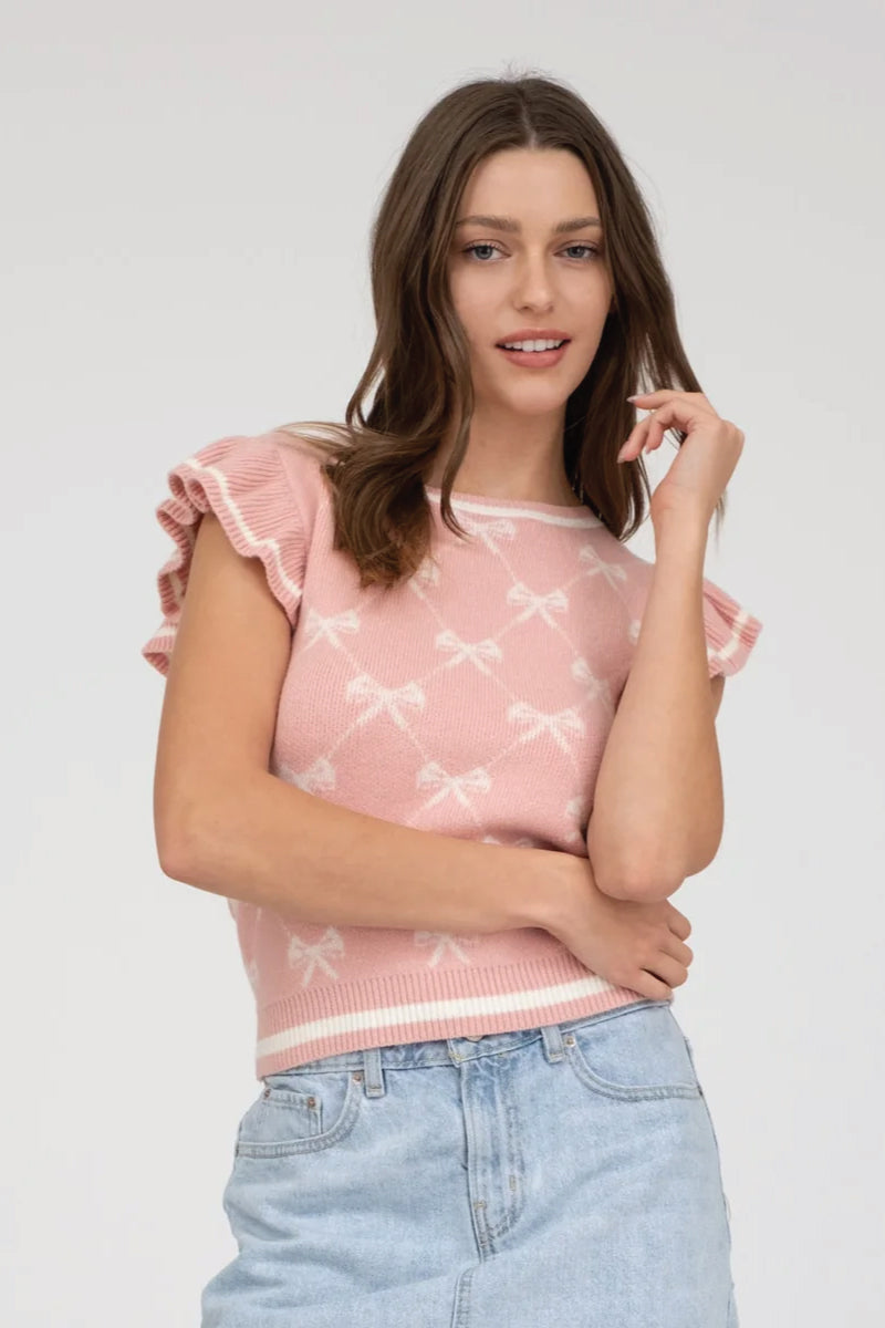 Bow Ruffle Knit Top - PNK