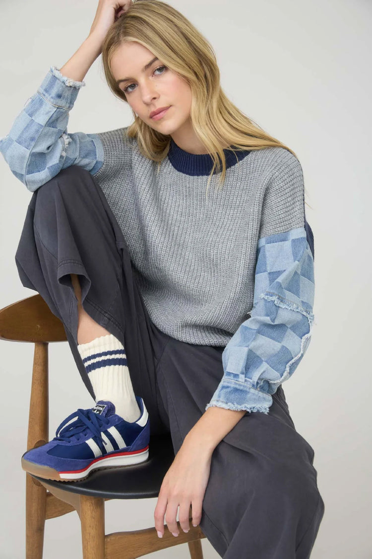 Check Denim Sleeve Sweater - GRY
