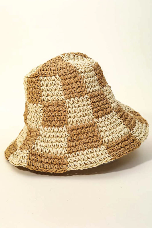 Checkered Woven Bucket Hat - BEI