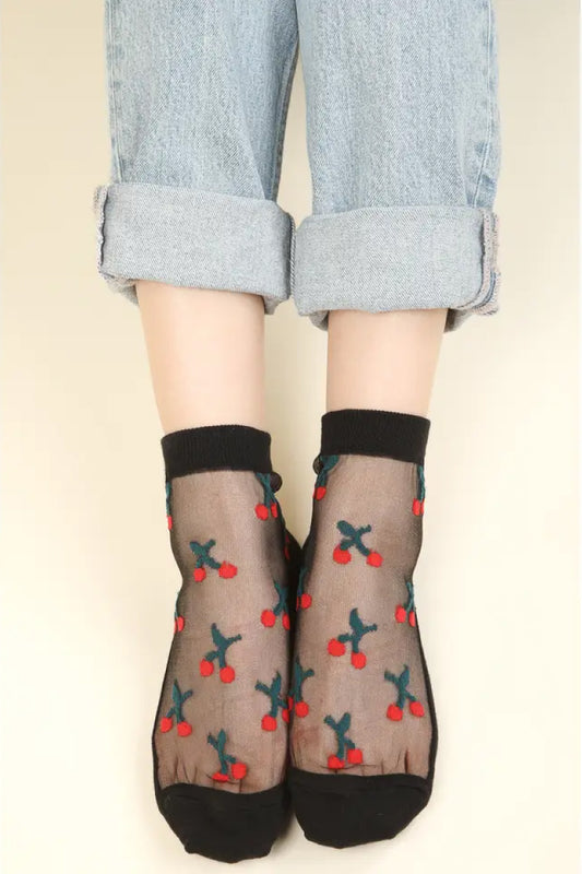 Cherry Embroidered Mesh Socks - BLK