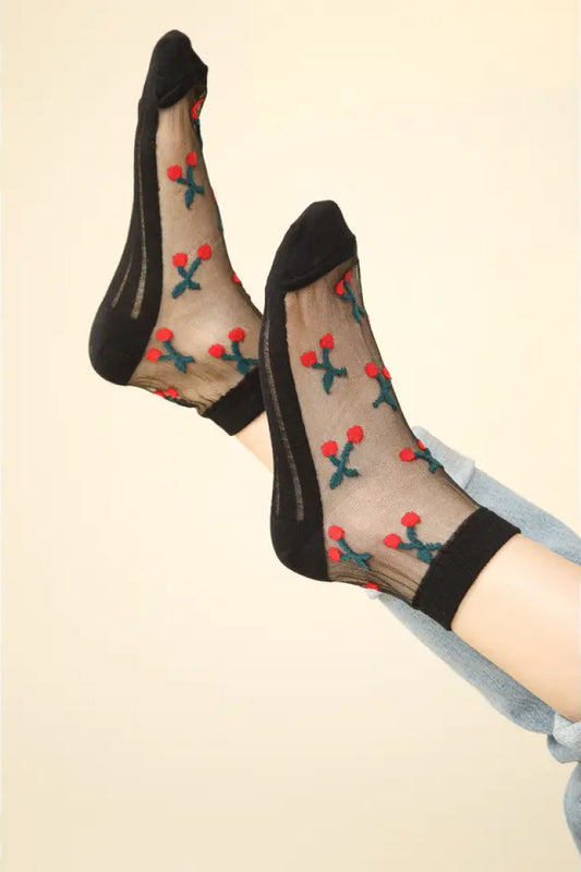 Cherry Embroidered Mesh Socks - BLK