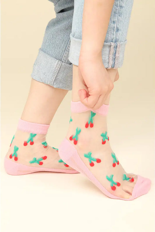 Cherry Embroidered Mesh Socks - PNK