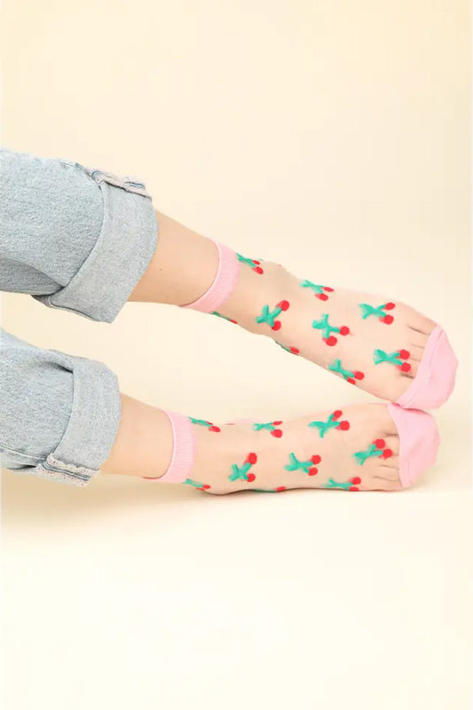 Cherry Embroidered Mesh Socks - PNK