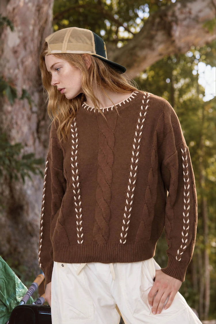 Contrast Cable Sweater - BRN
