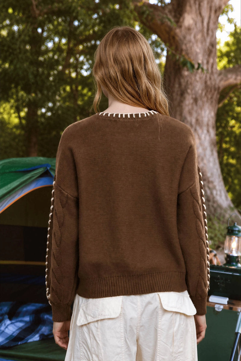 Contrast Cable Sweater - BRN