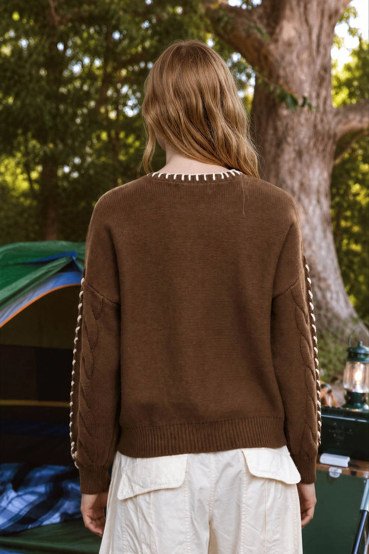 Contrast Cable Sweater - BRN