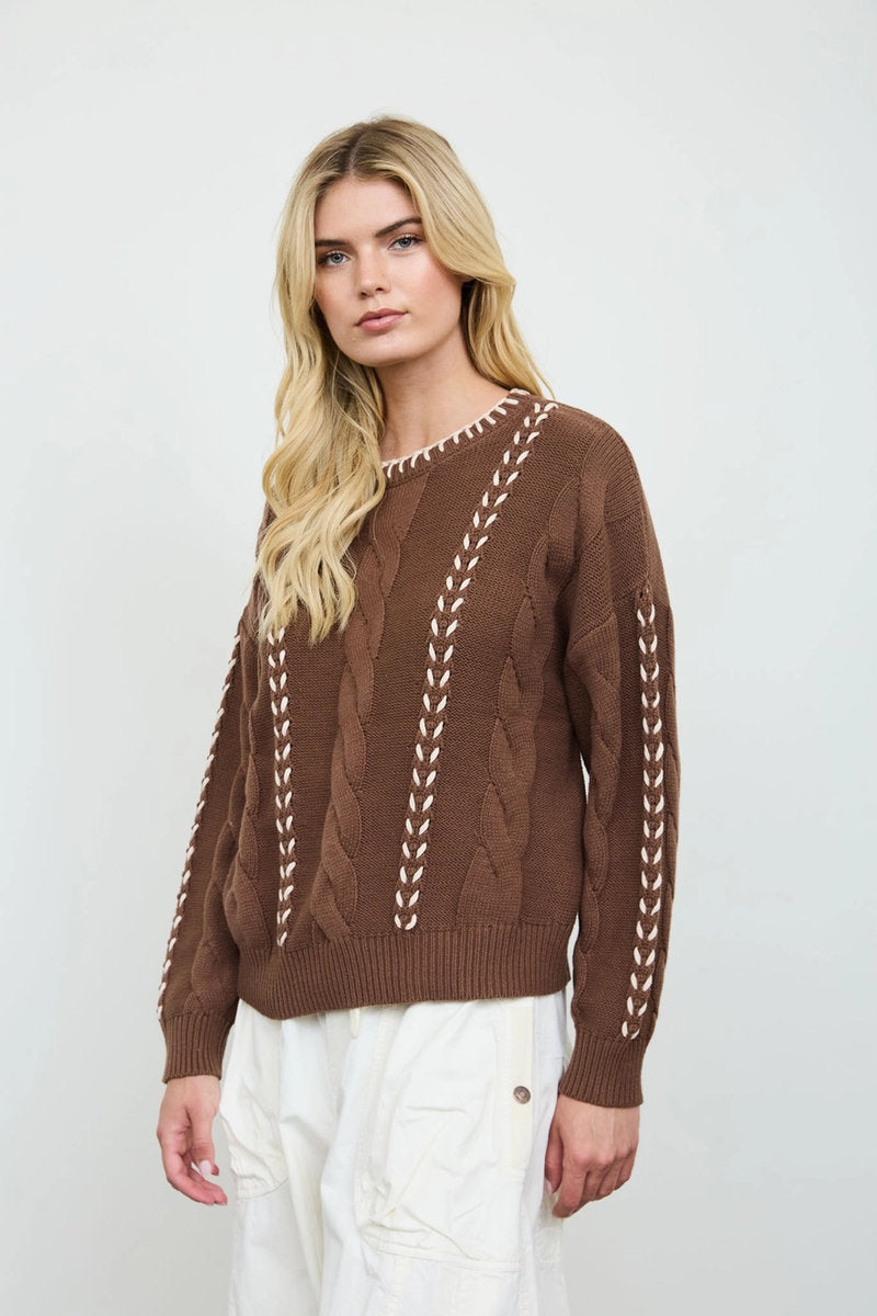 Contrast Cable Sweater - BRN