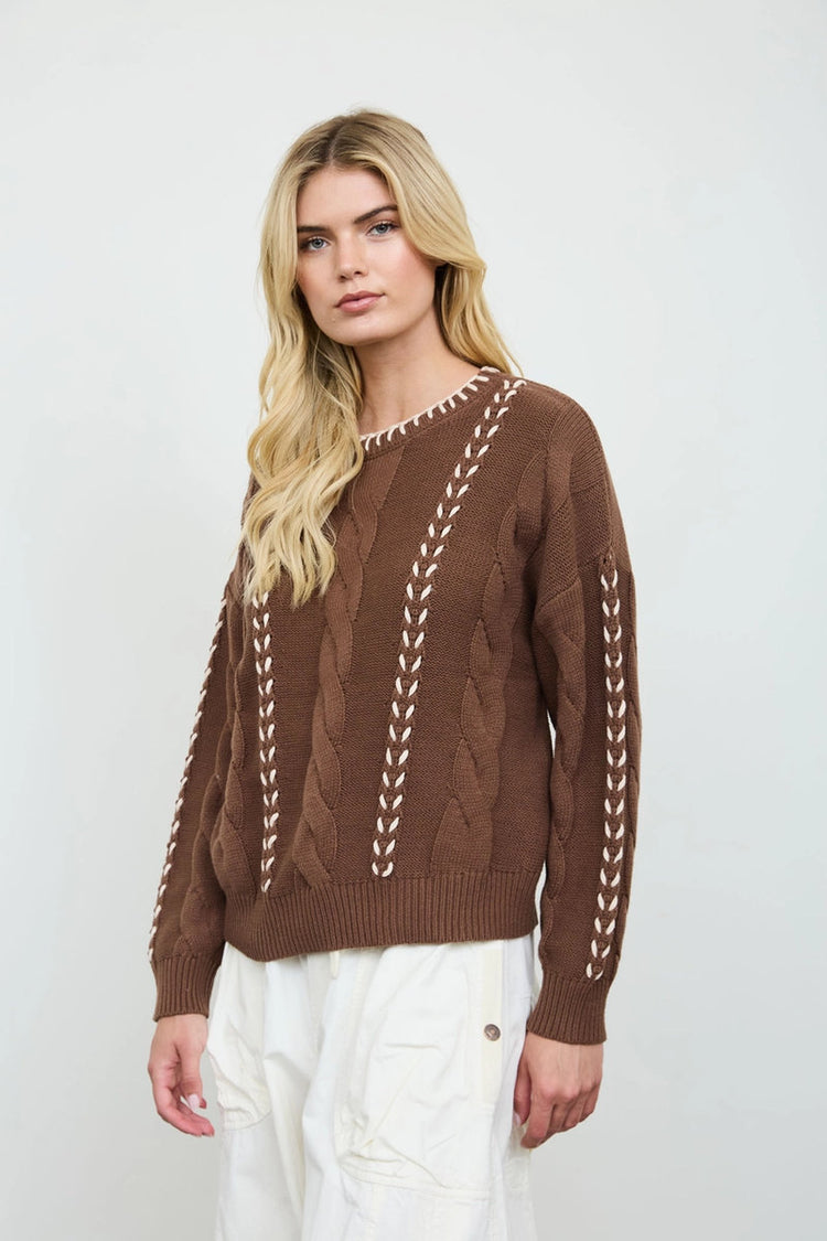 Contrast Cable Sweater - BRN