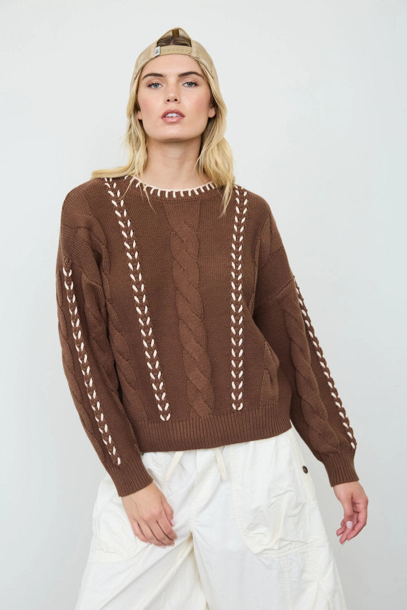 Contrast Cable Sweater - BRN