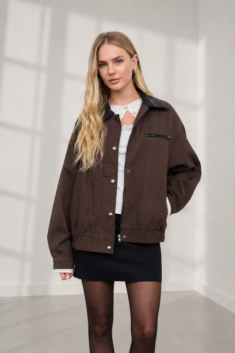 Contrast Collar Utility Jacket - BRN