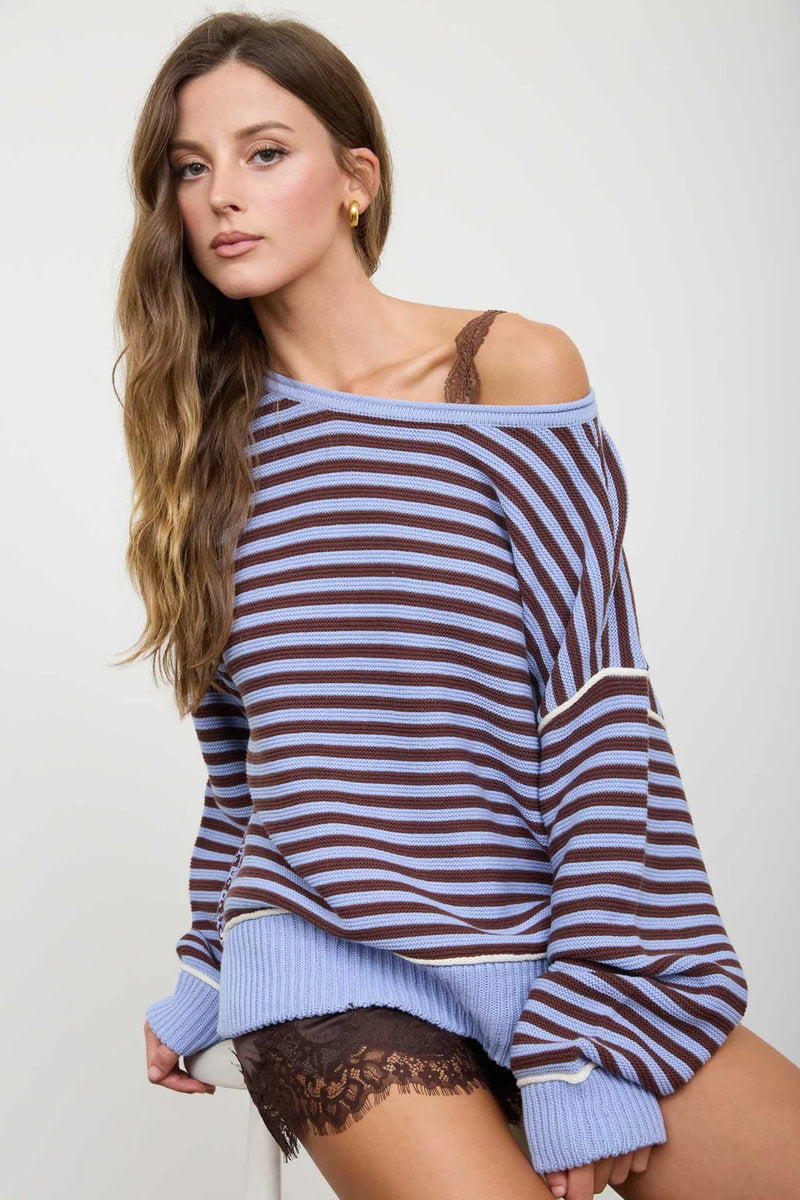 Contrast Stripe Knit Sweater - BLU