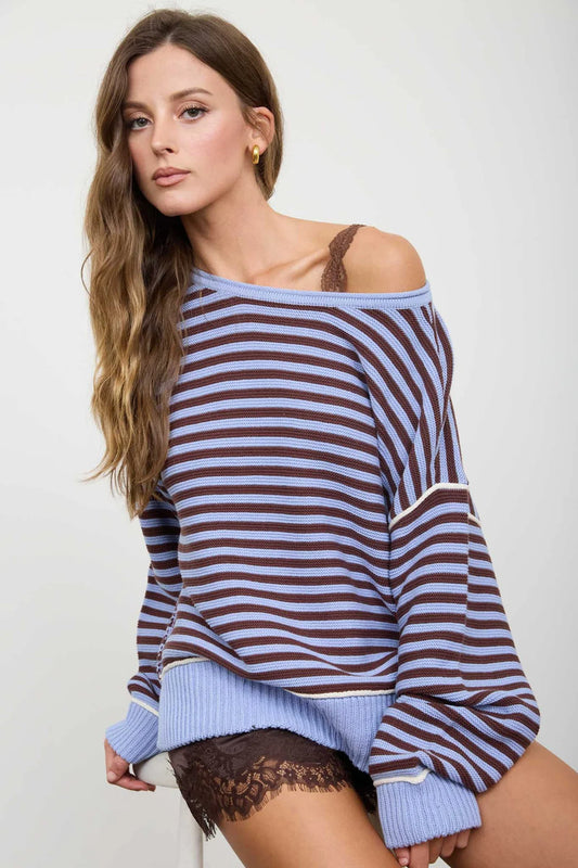 Contrast Stripe Knit Sweater - BLU