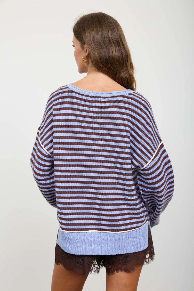 Contrast Stripe Knit Sweater - BLU