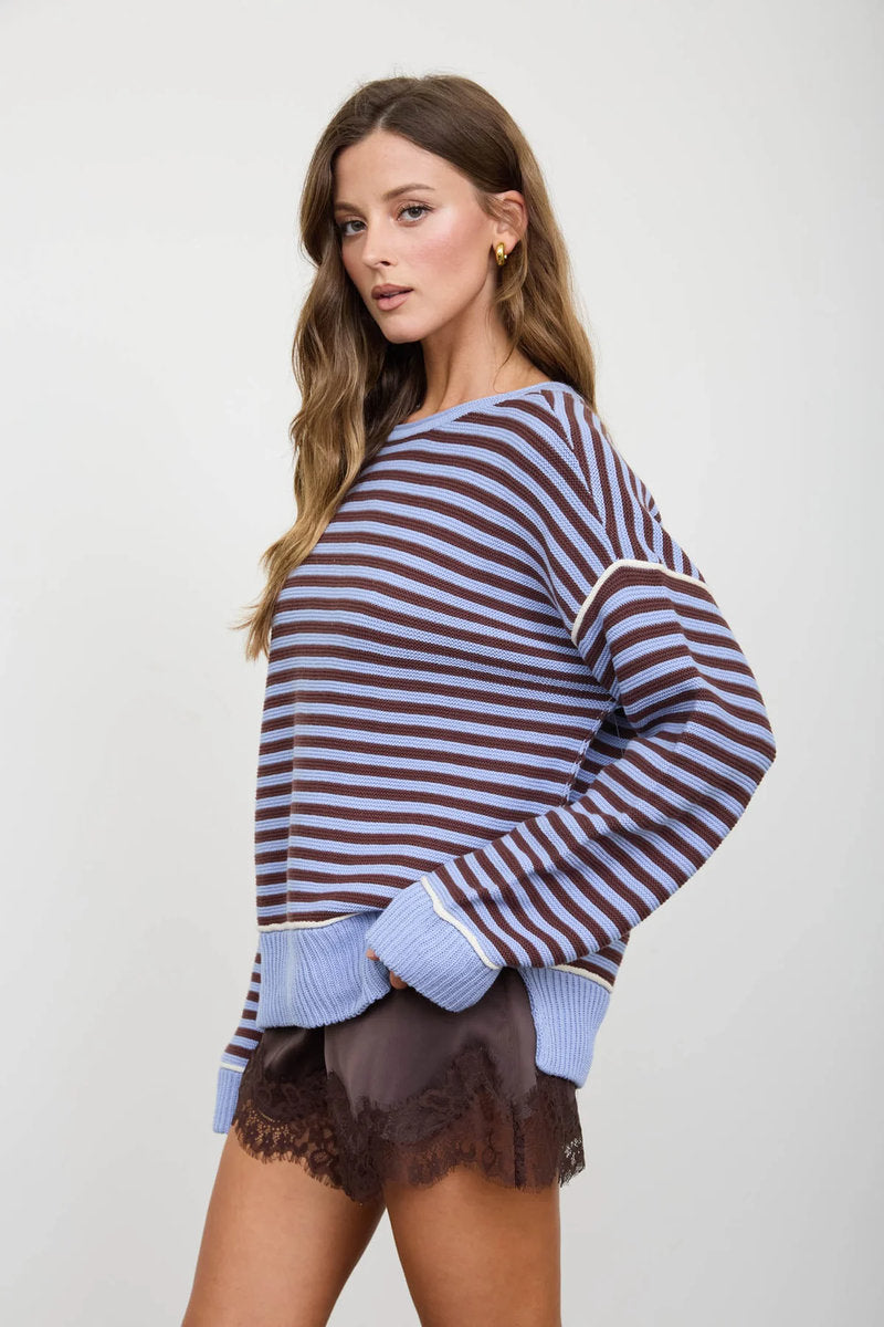 Contrast Stripe Knit Sweater - BLU