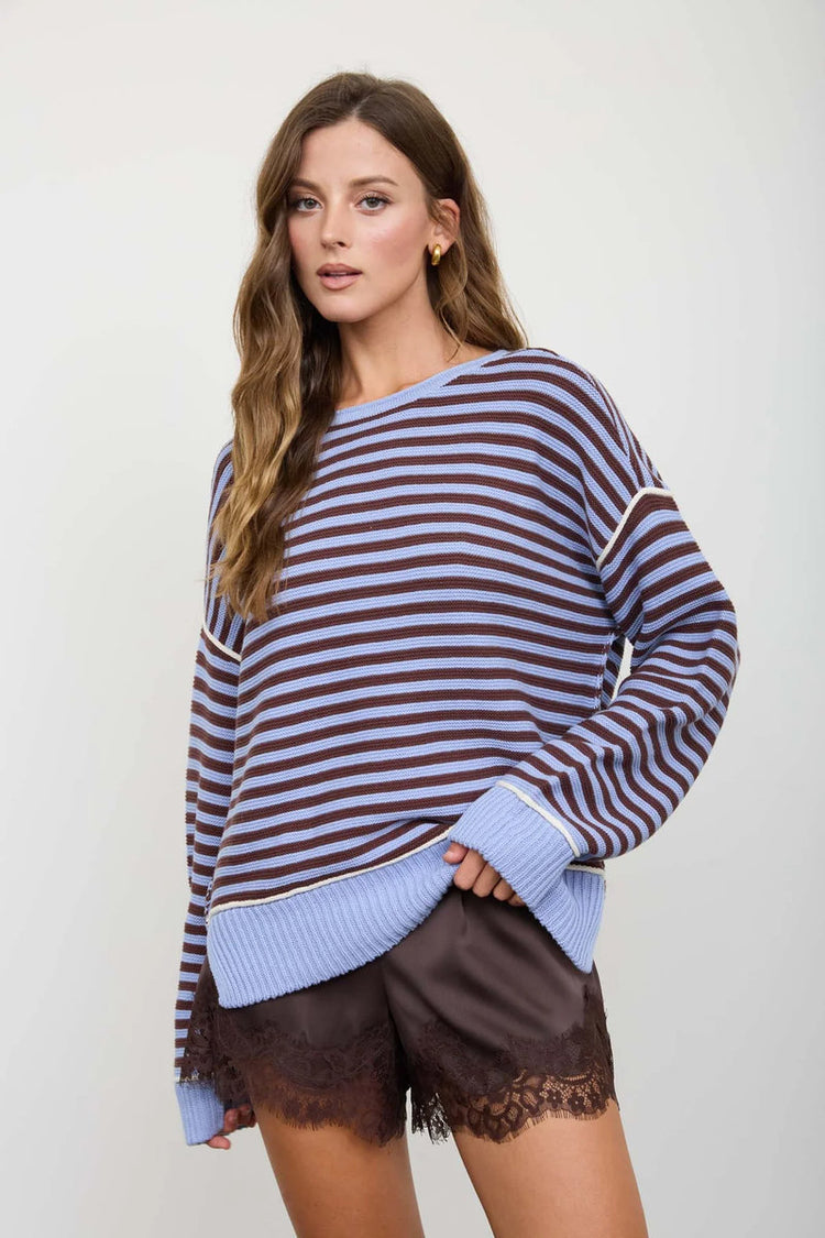 Contrast Stripe Knit Sweater - BLU