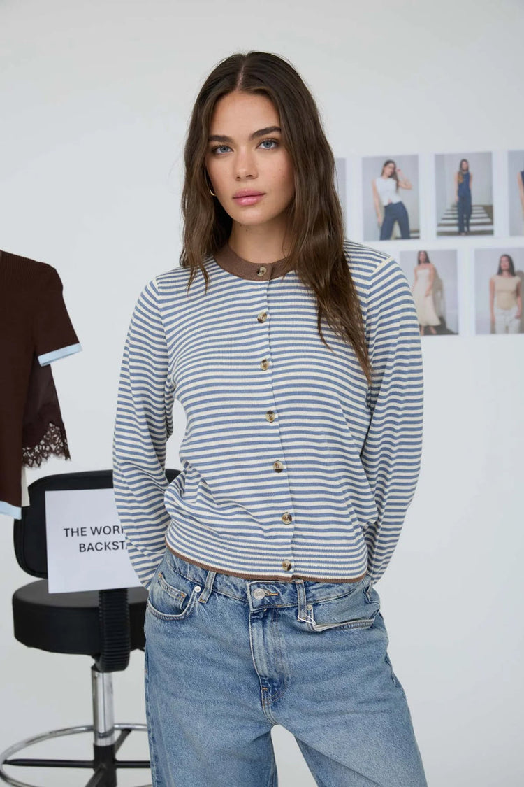 Contrast Trim Striped Cardigan - BLU