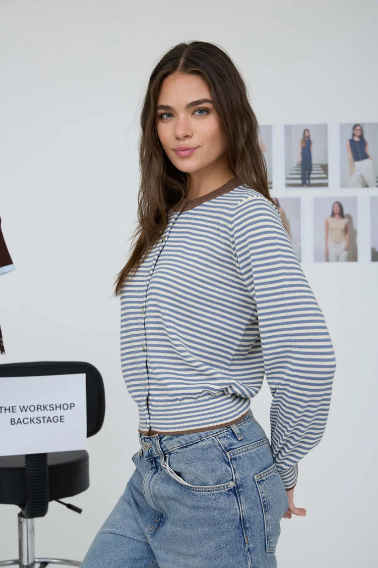 Contrast Trim Striped Cardigan - BLU