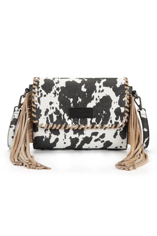 Cow Print Fringe Crossbody Bag - BLK