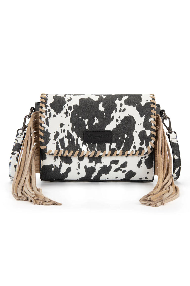 Cow Print Fringe Crossbody Bag - BLK
