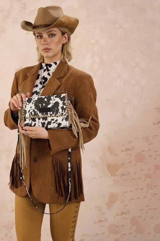Cow Print Fringe Crossbody Bag - BLK