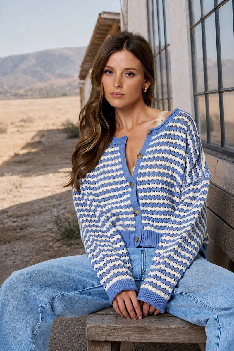 Crochet Stripe Cardigan - BLU