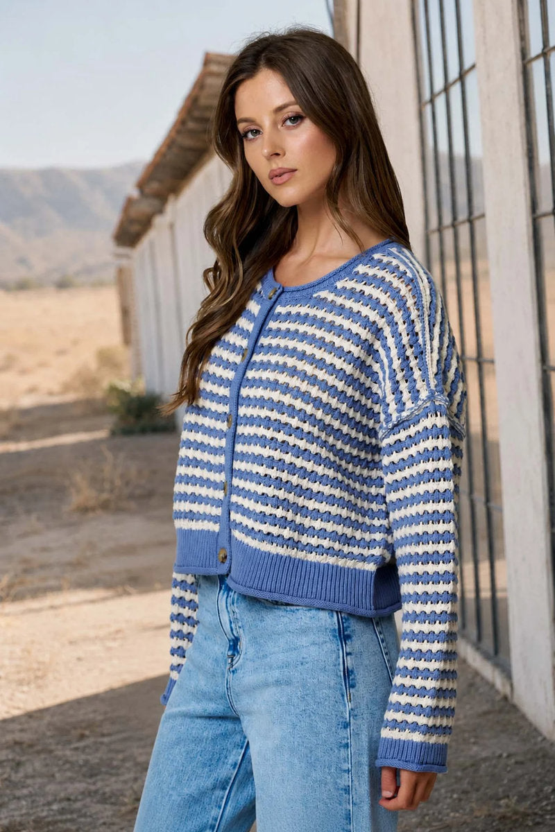 Crochet Stripe Cardigan - BLU