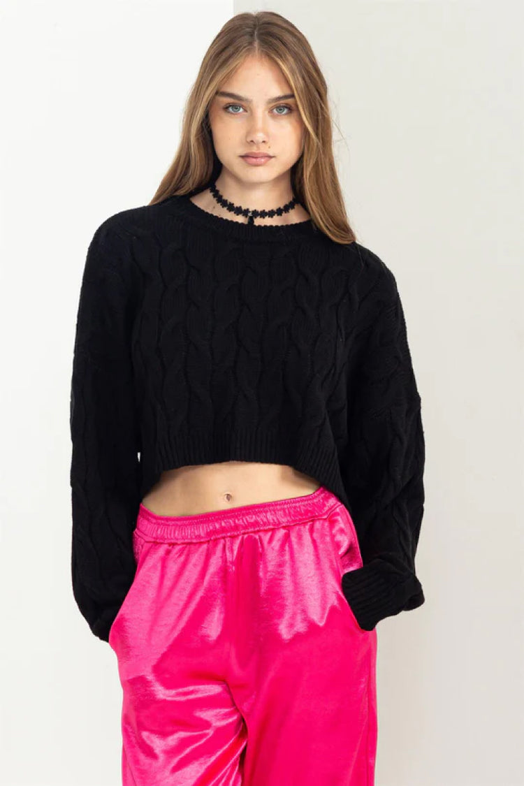 Cropped Cable Sweater - BLK