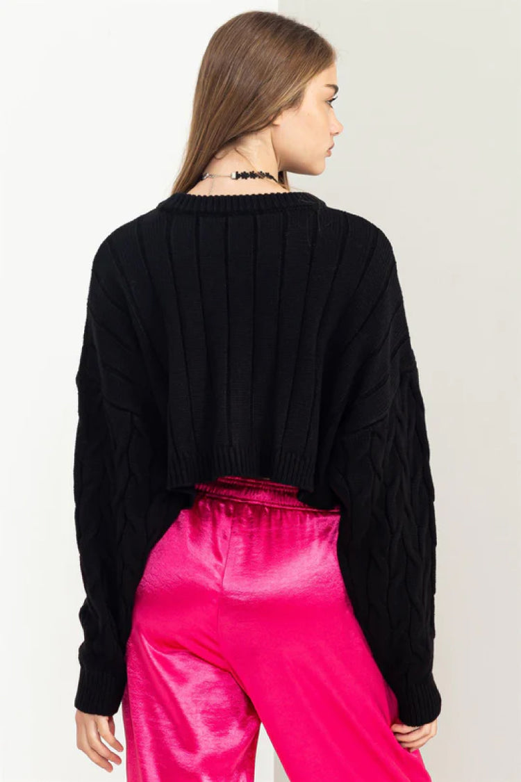 Cropped Cable Sweater - BLK