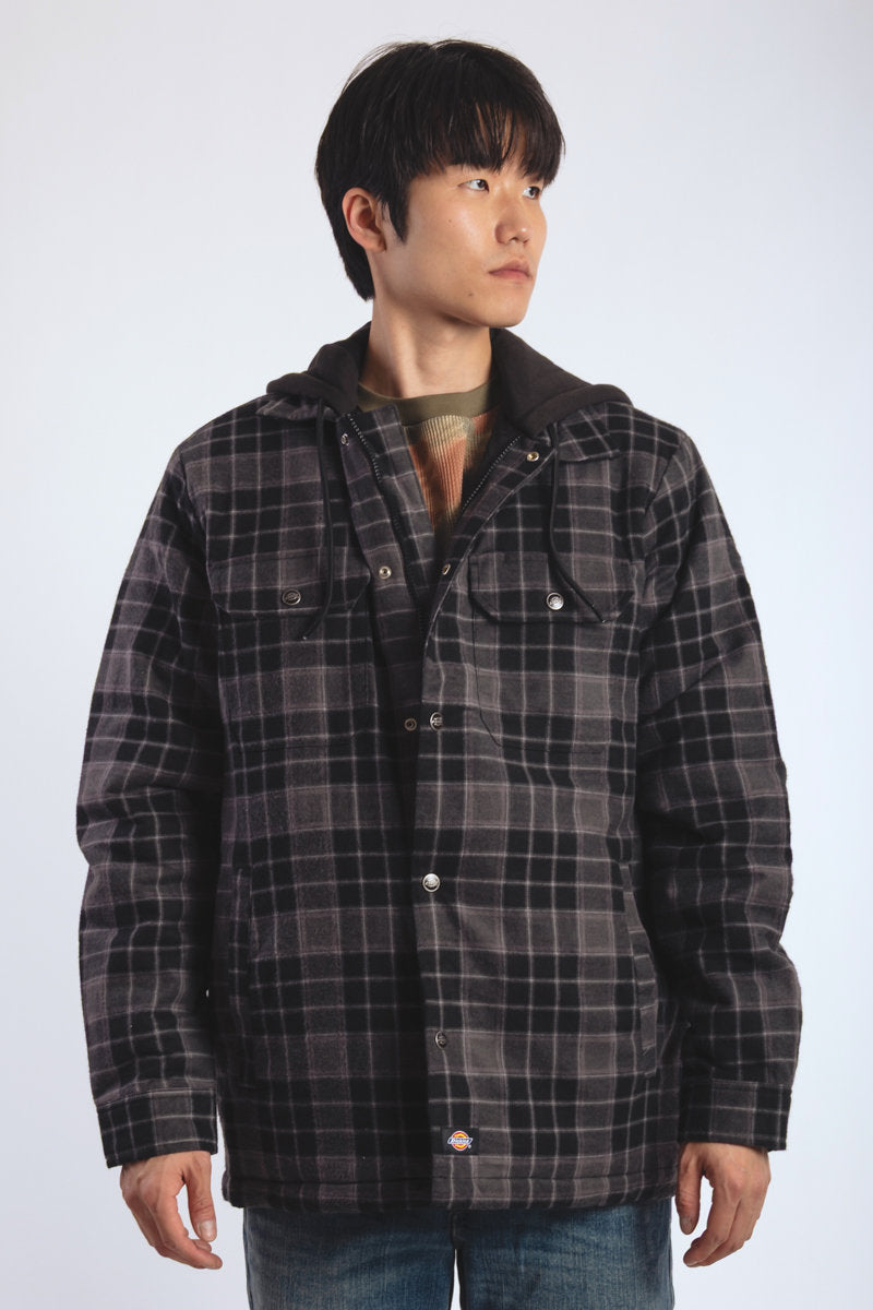 Insulated Hooded Plaid Jacket - BLK