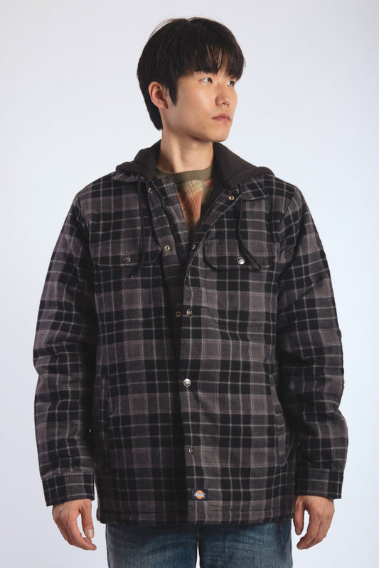 Insulated Hooded Plaid Jacket - BLK