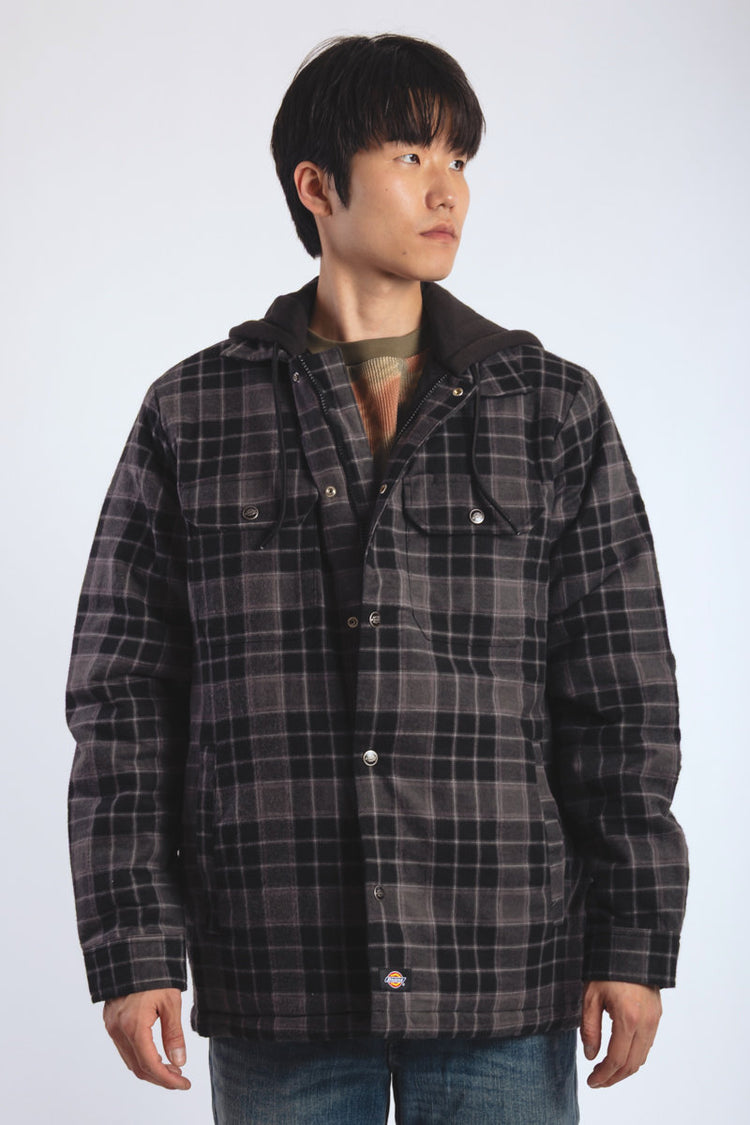 Insulated Hooded Plaid Jacket - BLK