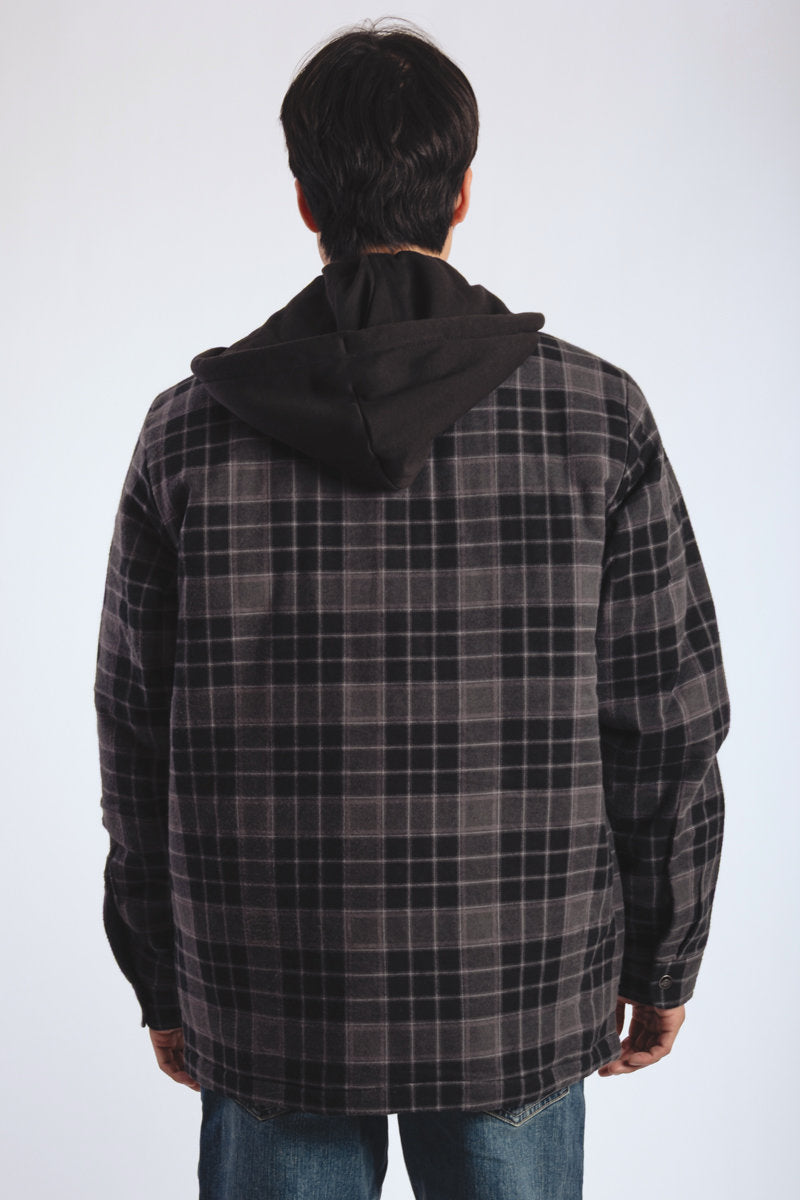 Insulated Hooded Plaid Jacket - BLK