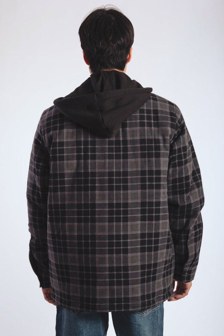 Insulated Hooded Plaid Jacket - BLK