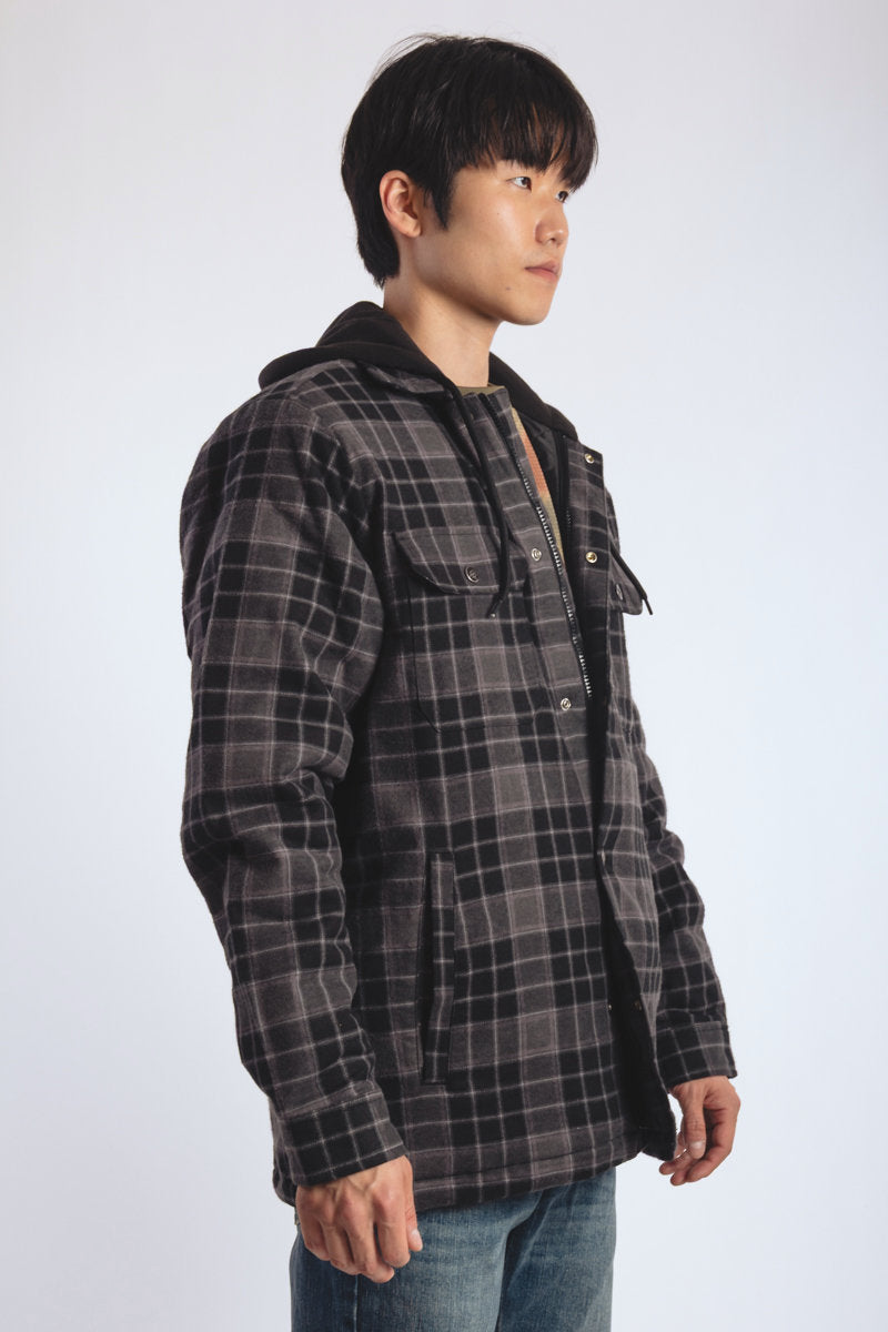 Insulated Hooded Plaid Jacket - BLK